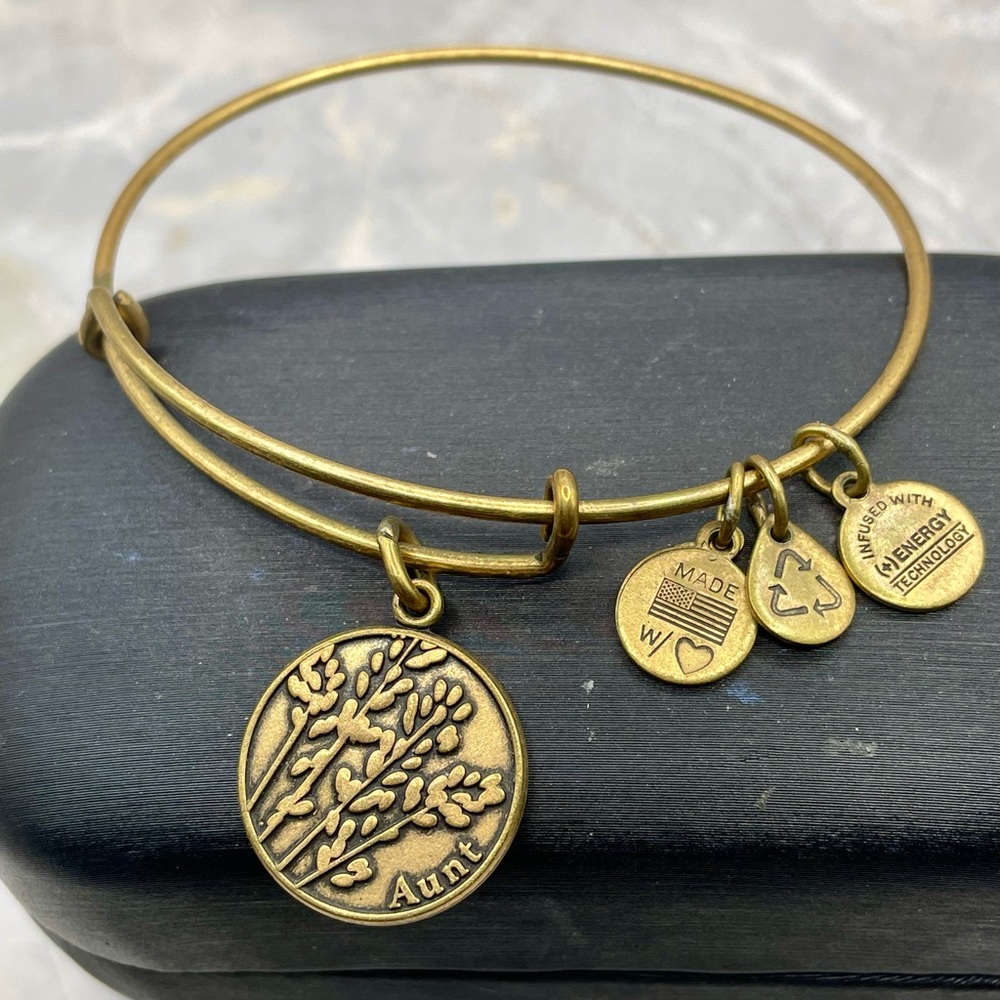 Vintage Alex and Ani Gold Tone Aunt Charm Adjustable Bangle Bracelet